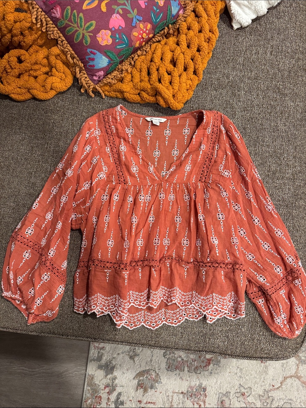 American Eagle Outfitters Rust Orange Embroidered V-Neck Peasant Blouse